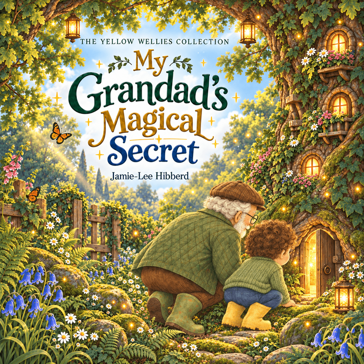 A bright, gentle children’s book cover set in a magical cottage garden. Reggie, a young boy with curly brown hair and rosy cheeks, sits on a picnic blanket wearing pale blue star-patterned pyjamas and yellow wellies. Beside him sits his Grandad, an elderly man with white hair and beard, round glasses, a brown flat cap, green jacket and green wellington boots. Grandad is smiling and holding up one finger as though sharing a special secret with Reggie. A tiny brown mouse stands between them on the blanket. Behind them is a sunny garden filled with wildflowers, greenery, a stone wall and a wooden garden gate. The illustration has a soft, whimsical storybook style with warm greens, yellows and golden tones. Above the characters, the title reads “My Grandad’s Magical Secret” in decorative green and golden-orange lettering. Beneath it is the author’s name, Jamie-Lee Hibberd. The Yellow Wellies Collection logo appears near the upper-right corner.