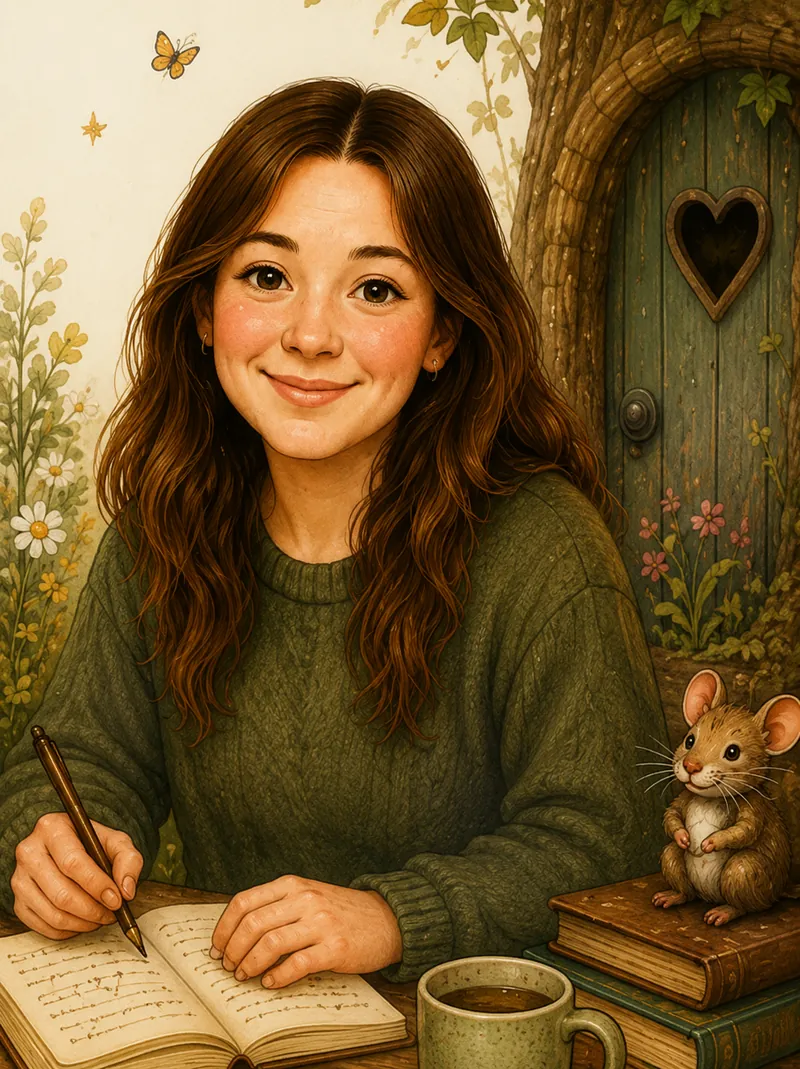 Jamie-Lee writing in a notebook at a garden table, with a mug, a stack of books and a mouse beside her