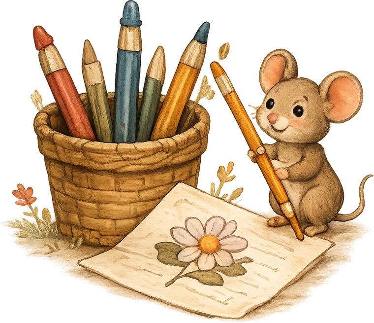 A mouse with a paintbrush beside a basket of pencils and a half-coloured flower