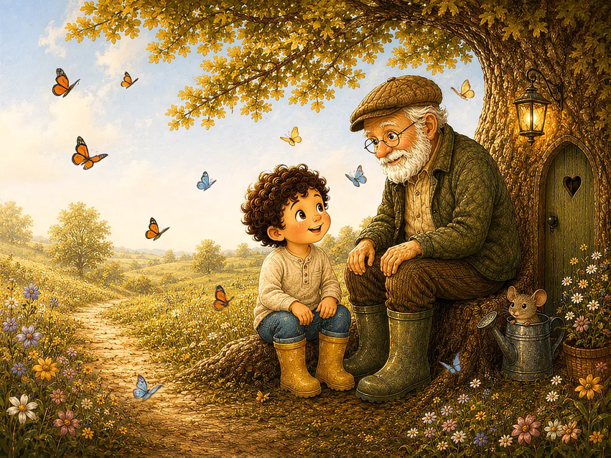 A boy and his grandad sitting by the little heart door